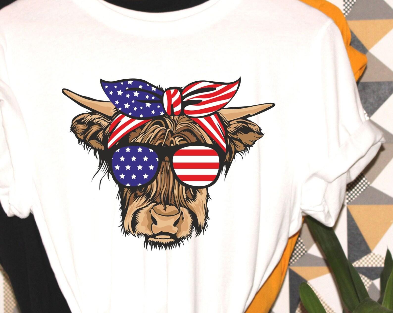 All American cow, patriotic tshirt, USA flag bow and sunglasses, fun holiday shirt, fun patriotic gift, made in the USA S