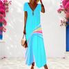 Women Plus Size V Neck Short Sleeve Light Blue Printed Maxi Dress
