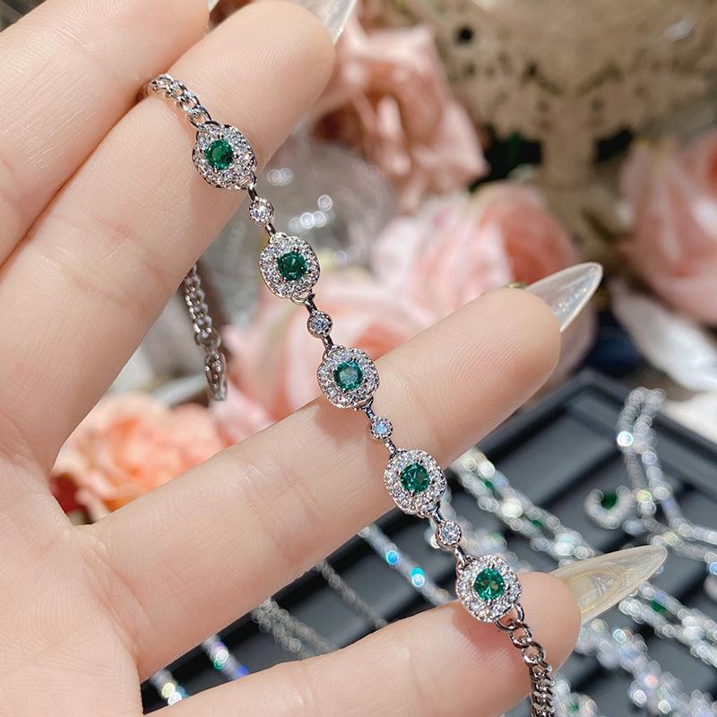 Camellia Women's High-End Elegant Artificial Emerald Bracelet Full Diamond Imitation Tourmaline Jewelry