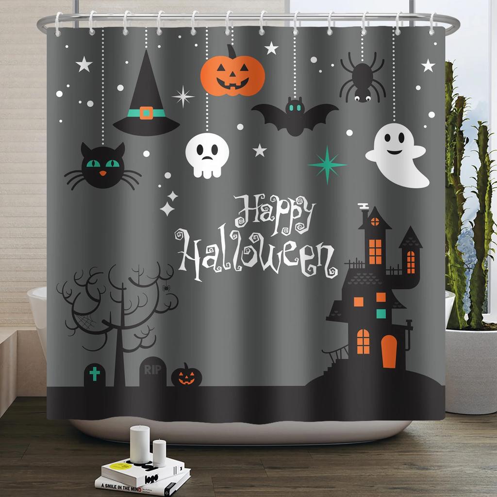 Halloween Shower Curtain Funny Horror Pumpkin Bat Cartoon Cat Happy Halloween Bathroom Curtain for Kids Waterproof Bath Curtain