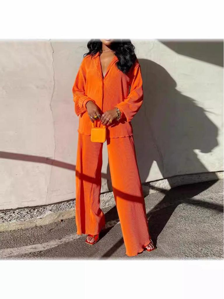 European and American Autumn Pleated Cardigan and Wide Leg Pants Set for Women