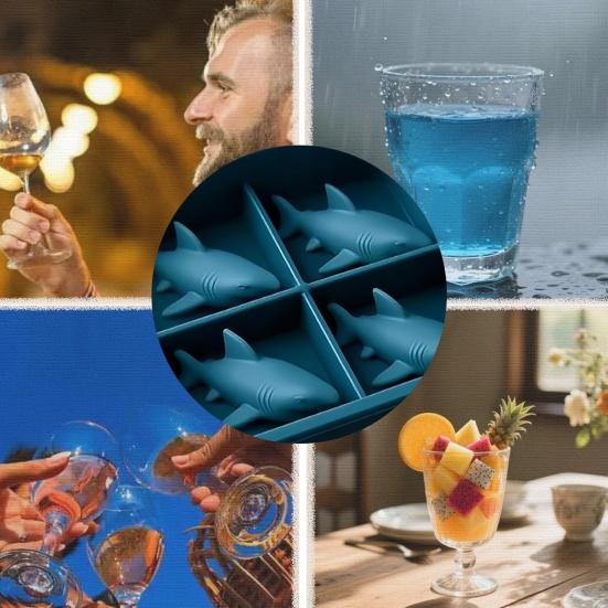 Silicone Ice Cube Mold Shark Shape 4-Grid Flexible Non-Stick Ice Tray for Whiskey Cocktails Juices BPA-Free Dishwasher Safe Multi-Purpose Mold