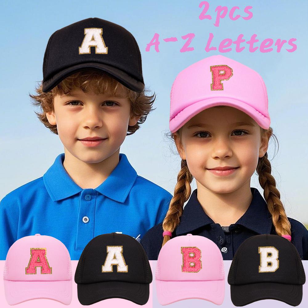 2pcs children's 26 letter cloth baseball cap, spring and summer for boys and girls, mesh breathable truck driver hat, sun hat