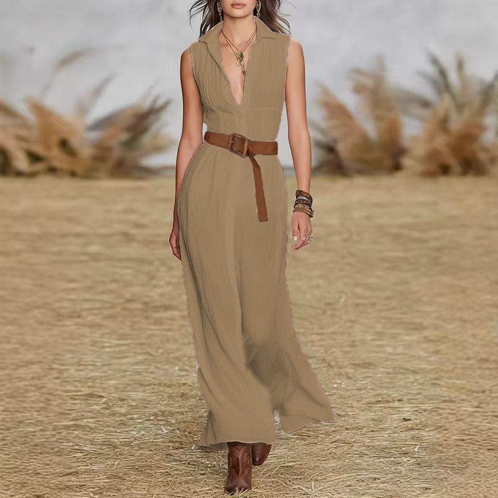 Women's Fashion Color V-neck Sleeveless Dress