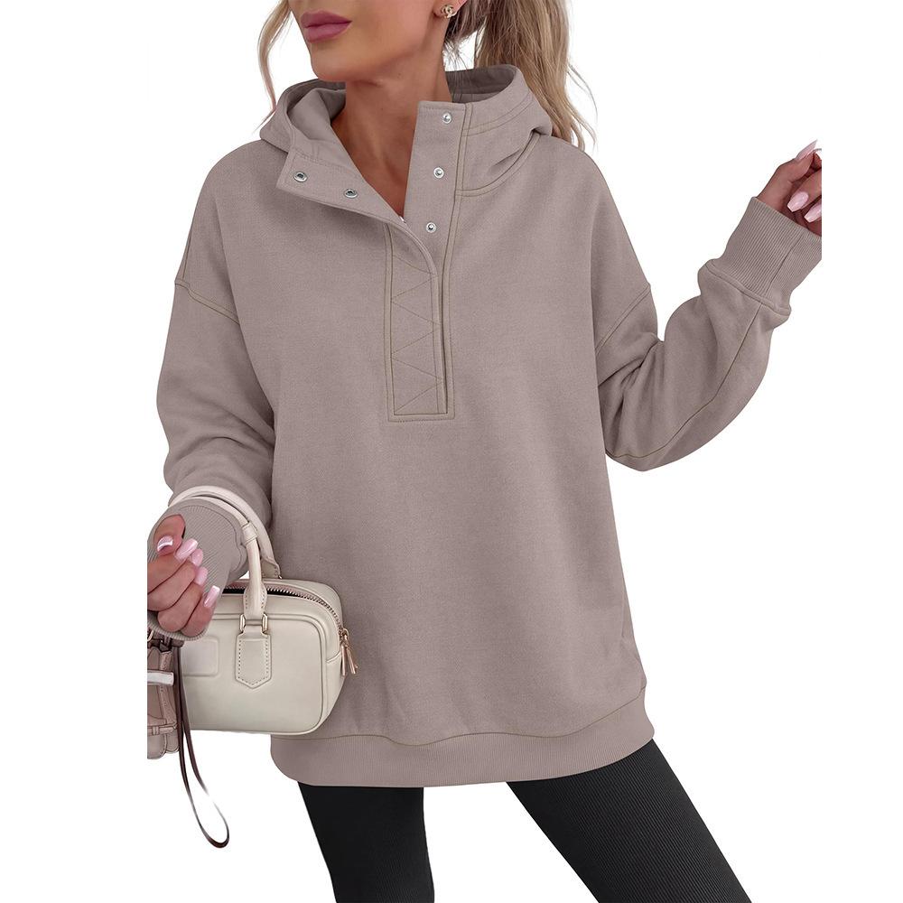 Fall/Winter New Style Women's Half-Closed Neck Buttoned Casual Loose Sweatshirt Long Sleeve Hooded Shirt