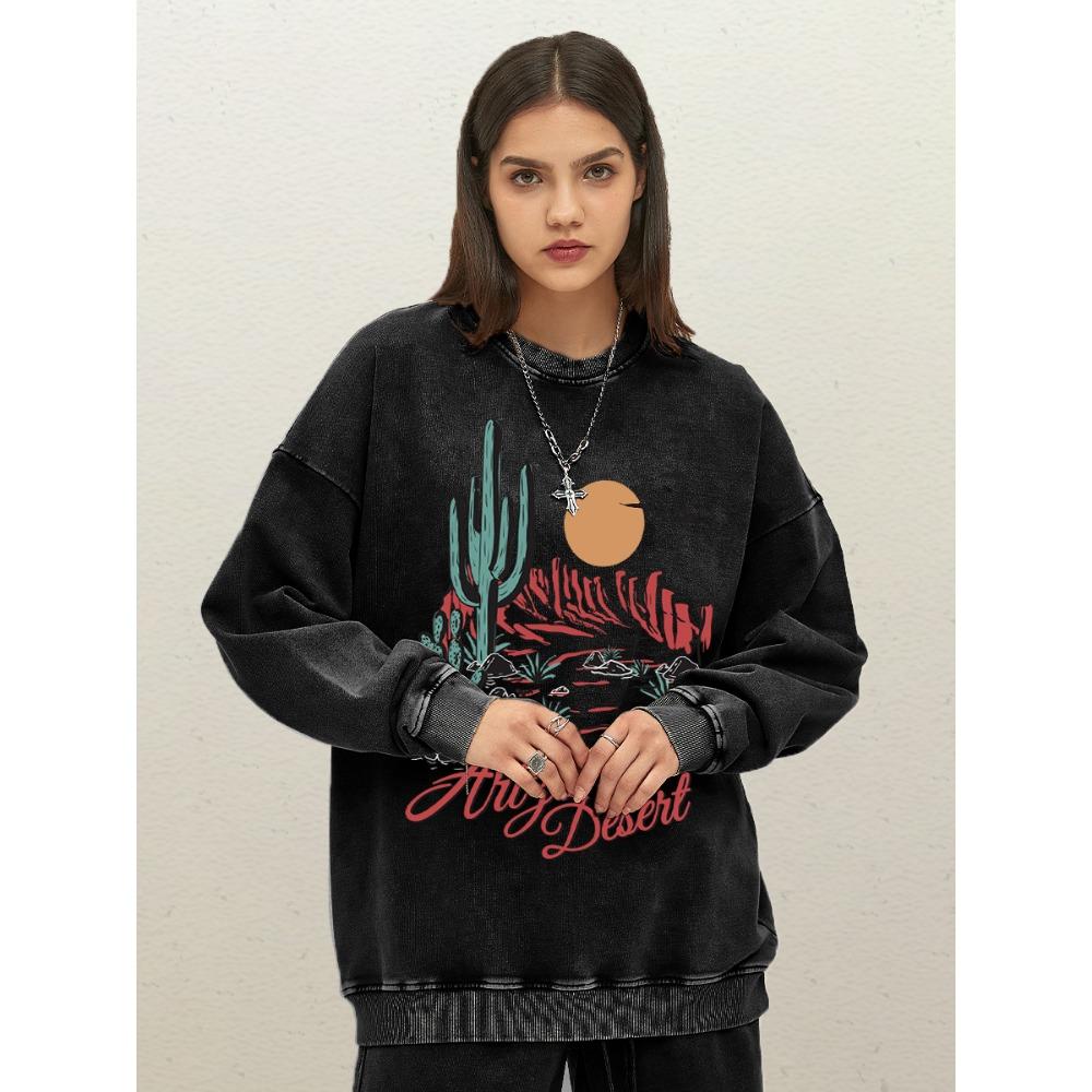 Arizona Desert Cactus Mountain Pattern Woman Washed Sweatshirts Cotton Casual Pullovers Autumn Crewneck Clothing