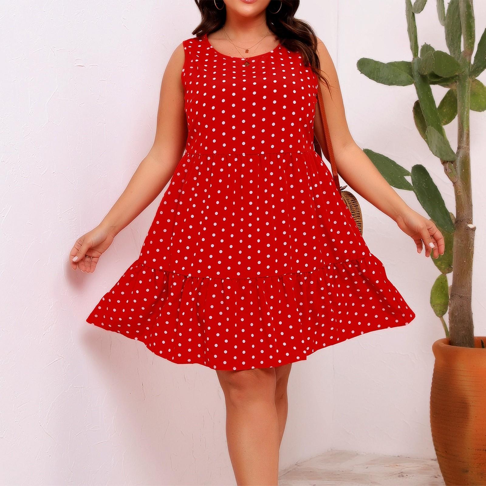 

Round Neck Sleeveless Polka Dot Loose Swing Ruffled Dress XL червоний