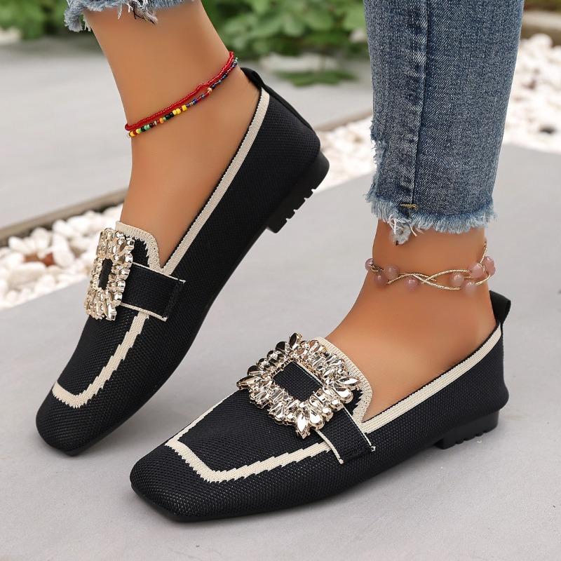 Fashion 2025 New Women Flats Spring New Large Size Flat Loafers Shoes Women Knitting Slip-on Square Head Breathable Shoes Women