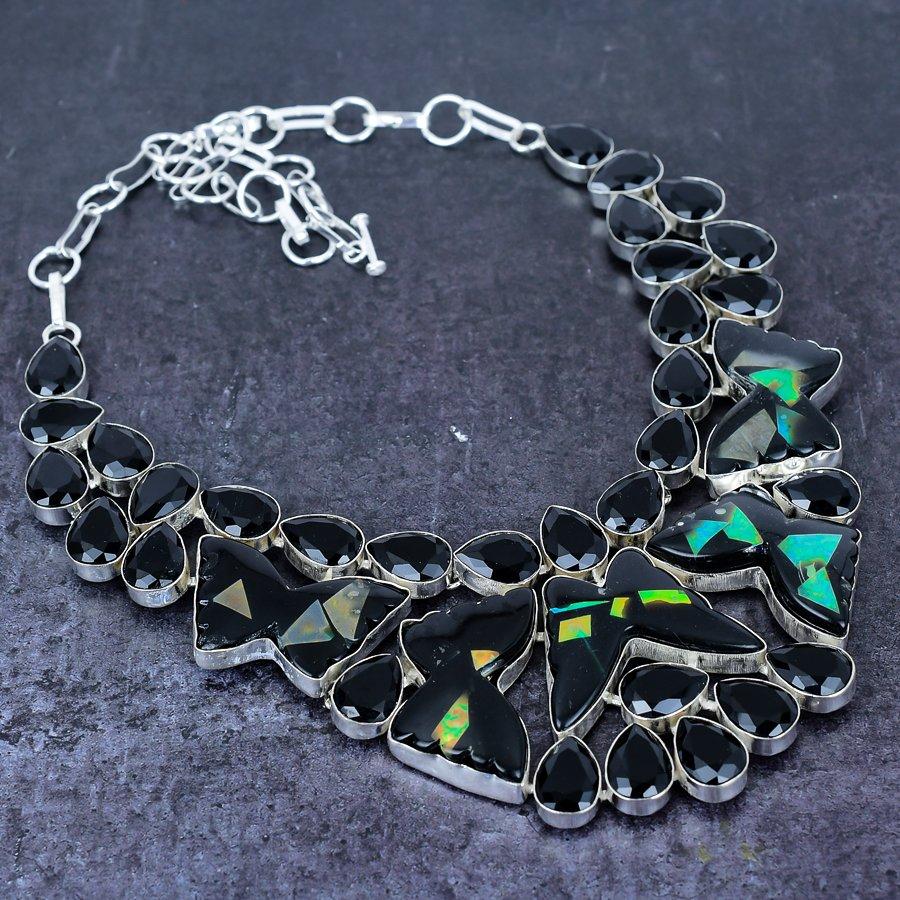 Natural Black Onyx, Spinel 925 Sterling Silver Jewelry Necklace 18" N5c50