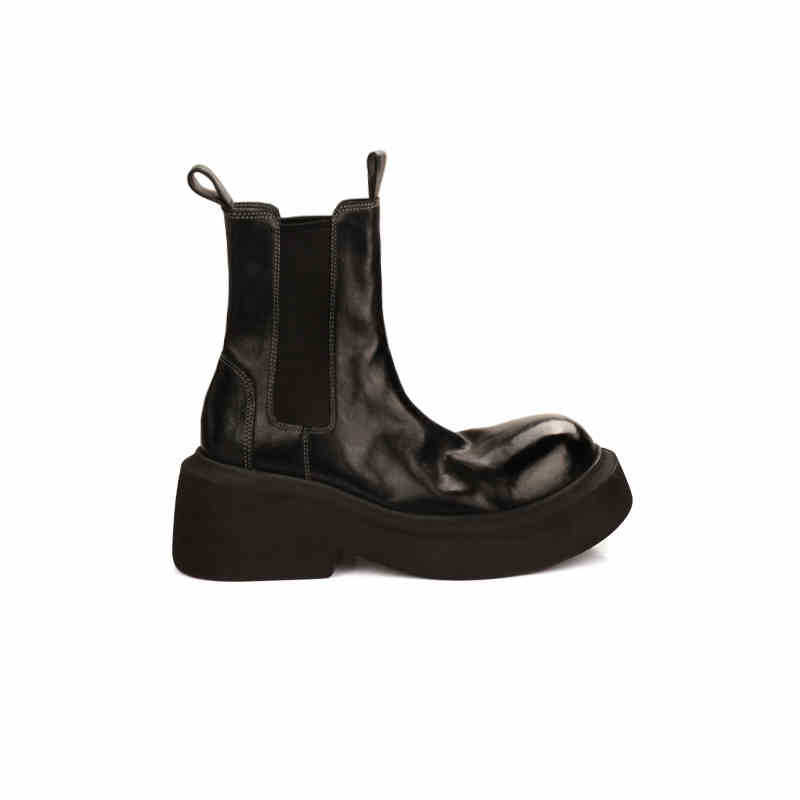 Heavy 6cm Shrink Horse Leather Elastic Band Thick Bottom Heel Short Shoes Chelsea Boots Women