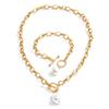 Yhpup Stainless Steel Baroque Imitation Pearls Pendant Necklace Bracelet Bangle Toggle-Clasps Fashion High Quality Chain Jewelry