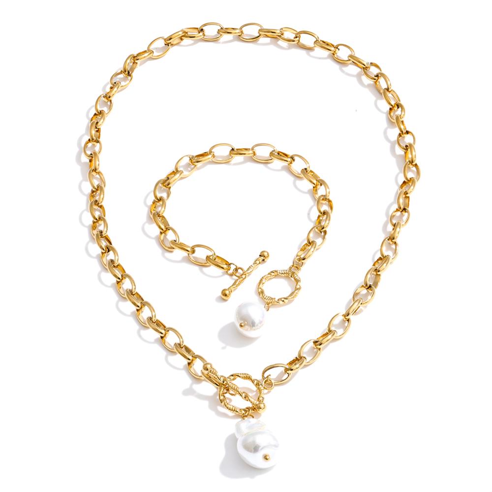 Yhpup Stainless Steel Baroque Imitation Pearls Pendant Necklace Bracelet Bangle Toggle-Clasps Fashion High Quality Chain Jewelry