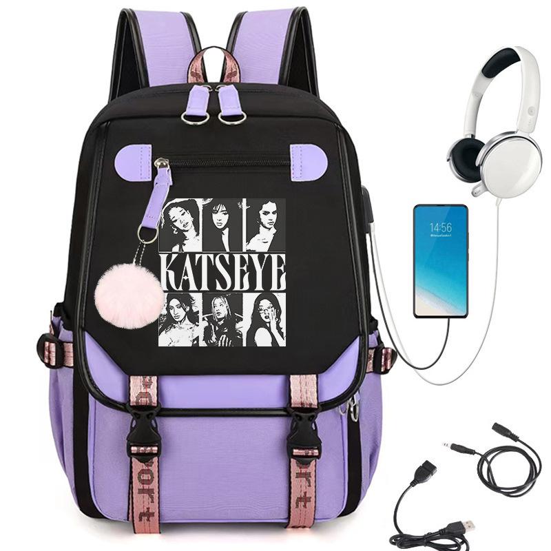 KATSEYE Retro Print Backpack Korean Style Campus Student Bookbag Large Capacity Fashion Daypack 60123-5