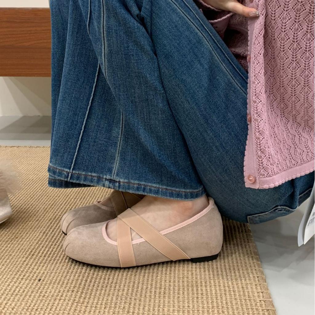 2025 New Round Head Cross Strap Inner Heel Heel Suede Shallow Mouth Mary Jane One Word with Ballet Women's Shoes