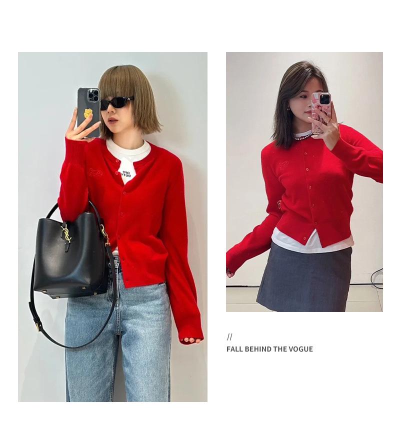 2025 Spring Women's Casual Red Koi Embroidered Wool Cardigan Sweater