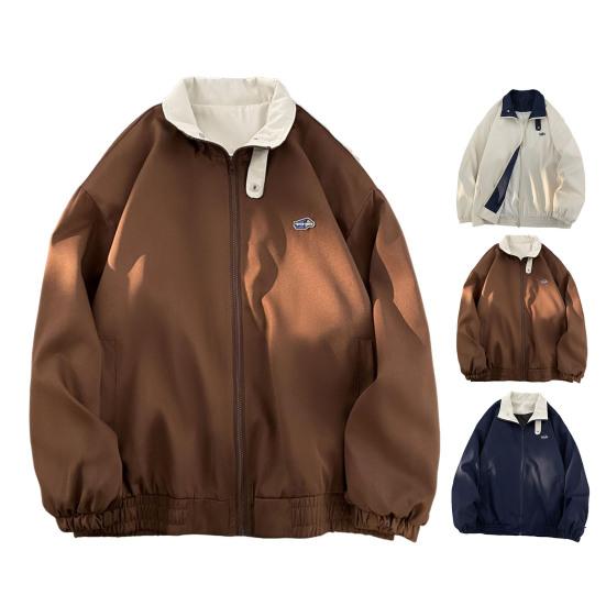 Men Cardigan Jacket Lapel Long Sleeve Zipper Placket Color-Blocking Design Jacket Coat with Pockets Loose Fit Outerwear