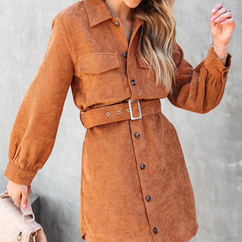 Rochii de velur pentru femei, cu un singur piept, cu nasturi, maneci lungi, guler răsturnat, curea de culoare uni, buzunare mozabile, rochie cămașă subțire