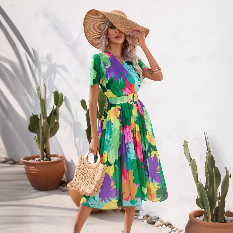 Damen Sommer Bedruckte Faltenkleider Mittellang Kurzarm Freizeitkleider