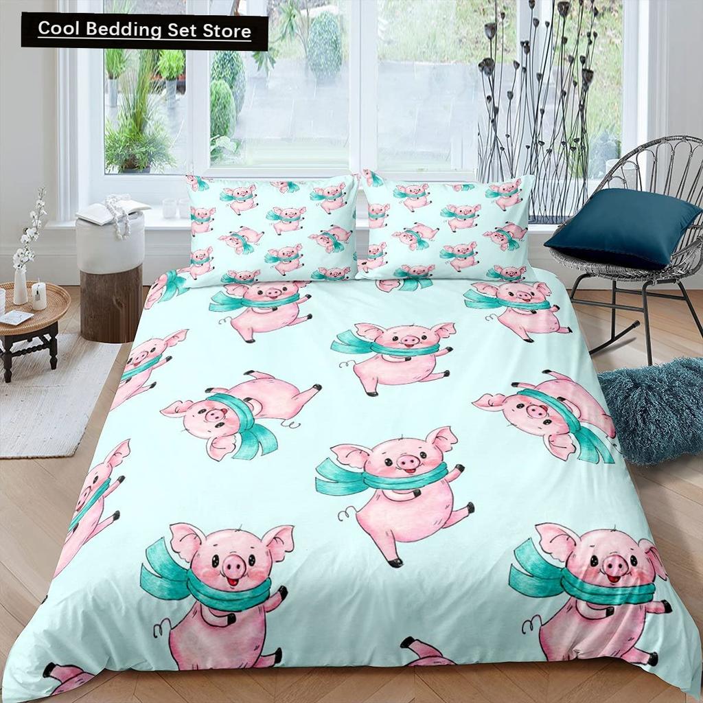 Cartoon Kawaii Pig King Queen Duvet Cover Happy Farm Animal Bedding Set Pink Piggy Quilt Cover 2/3pcs Polyester Comforter Cover