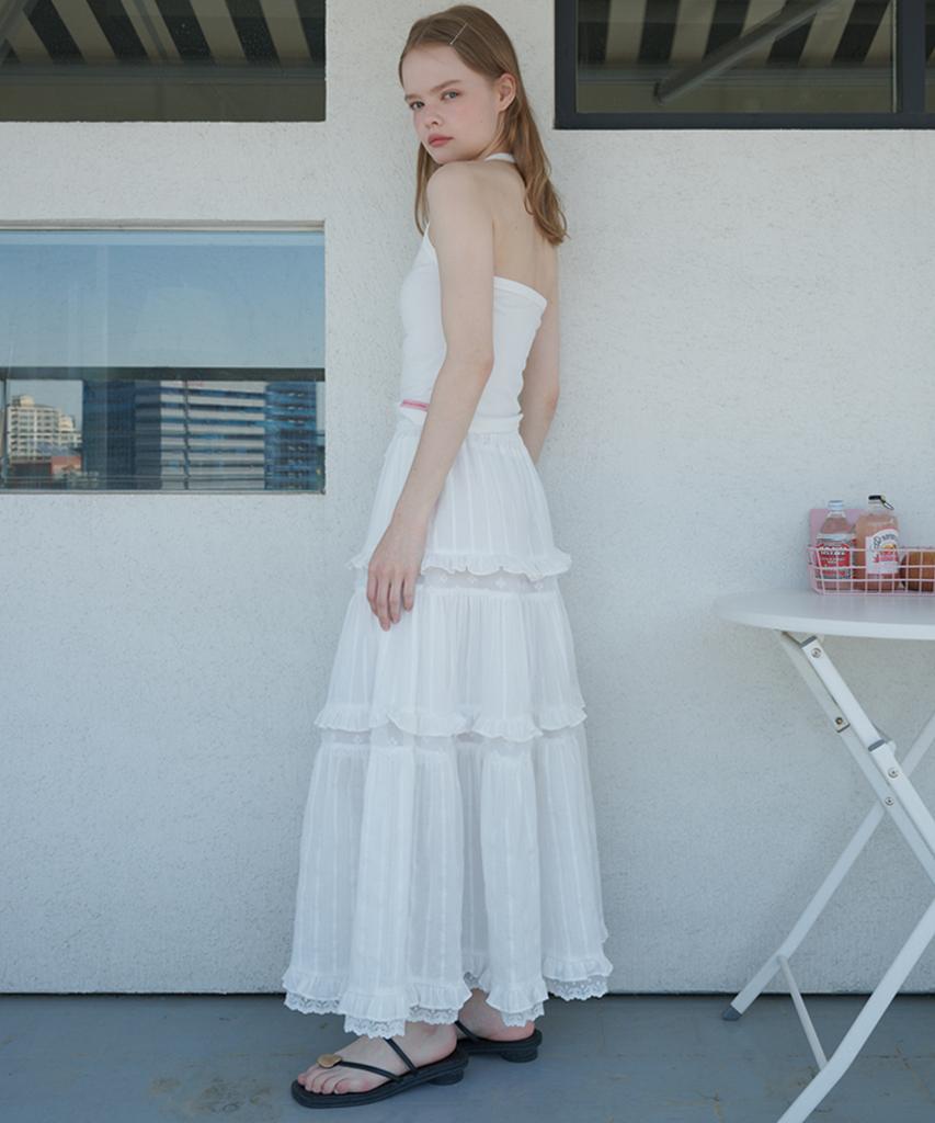 Opening Sunshine Lace Contrast Tiered Cotton Maxi Skirt White