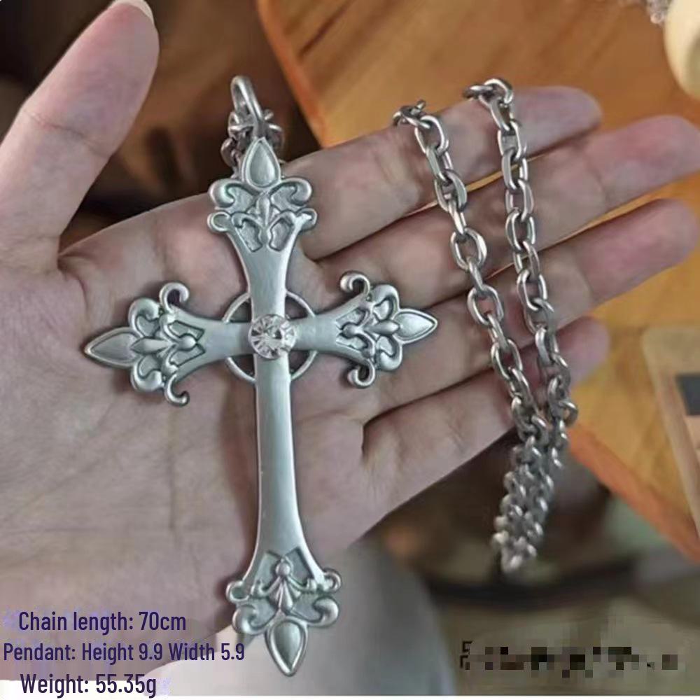 Colier cu pandantiv în cruce în stil baroc - modă retro întunecată de stradă, oțel inoxidabil greu