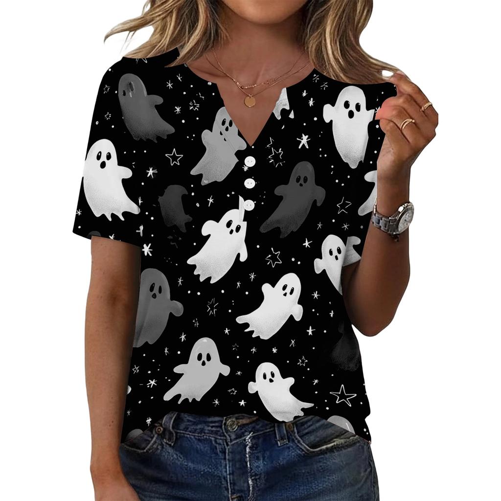 Women's Casual Halloween Print V Neck Short Sleeve Button Front Top Lightweight Comfortable Fit