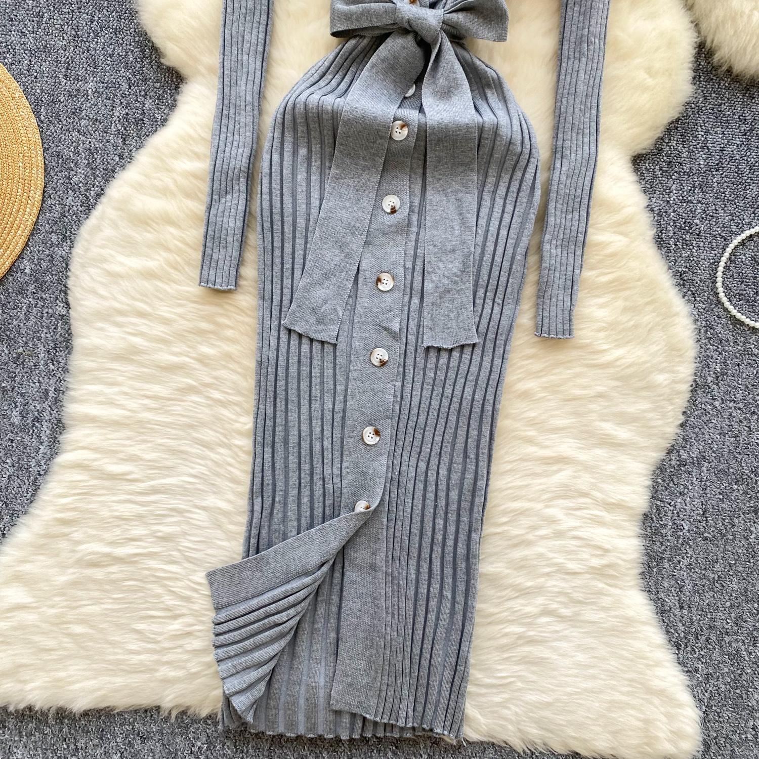 Винтажное отложной воротник элегантное длинное рукав однобортное бандажное трикотажное — фото 14