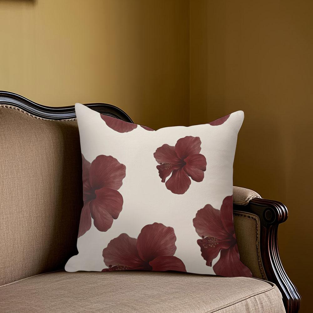 Housse de coussin carrée en Jacquard Fleurs d'Hibiscus Bordeaux pour Canapé Bureau Coussin lombaire Housse de coussin décorative pour la maison 45x45cm