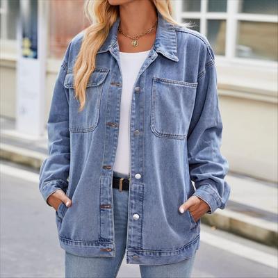 Autumn Winter Solid Color Print Women'S POLO Neck Long Sleeve Vintage Washed Denim Jacket Top Jackets & Coats