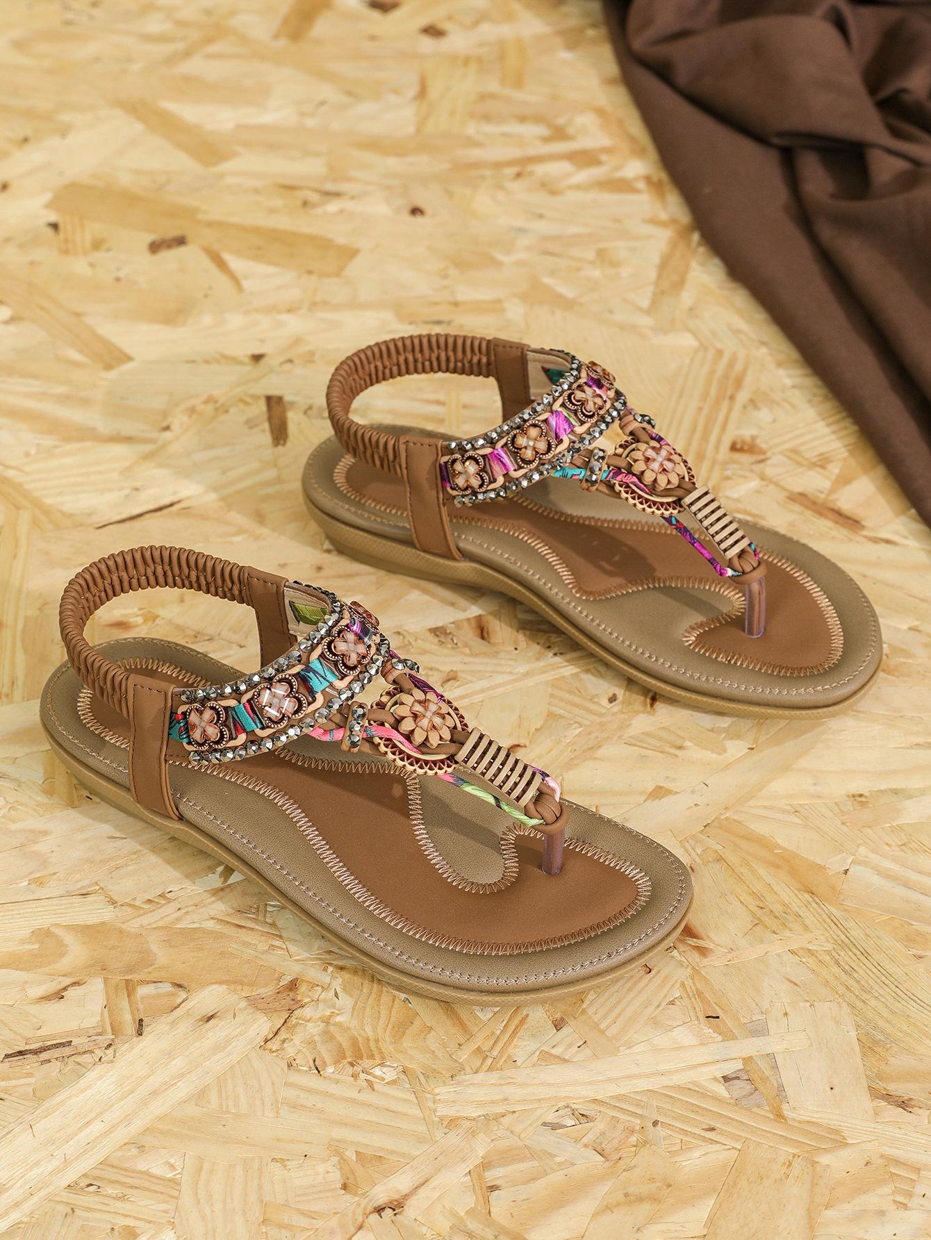 

Женские босоножки в стиле бохо с плоской подошвой, мягкие повседневные туфли большого размера, женские туфли в этническом стиле с эластичной резинкой 43 темно-коричневого