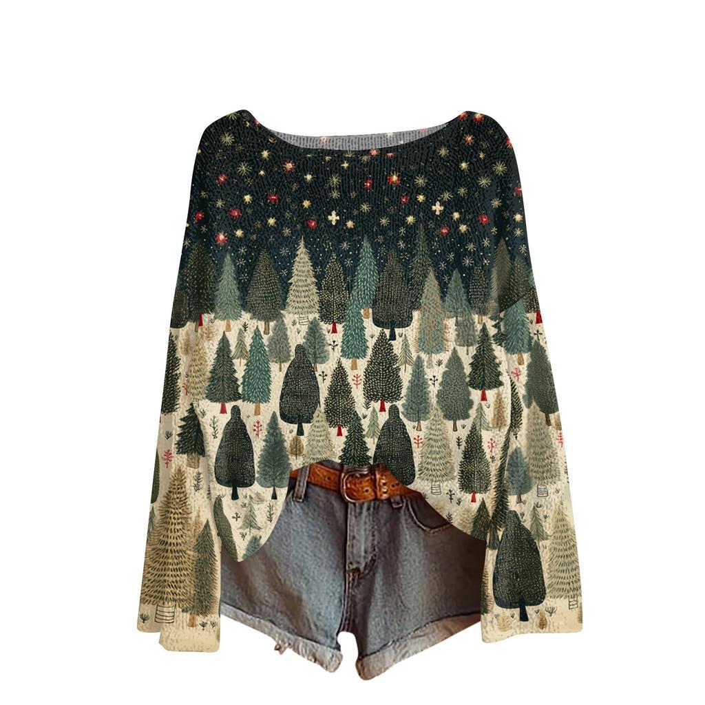 Women's Fashion Round Neck Long Sleeve Christmas Print Casual Pullover Sweater Top