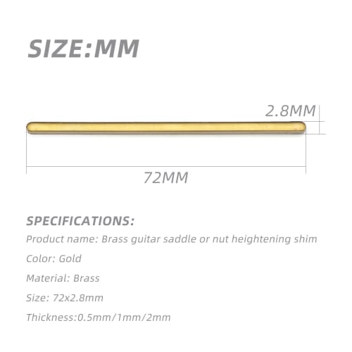MAXCHEER 3-Piece Brass Saddle/Nut Height Adjustment Shim with Durable Gasket, 72x2.8mm, 3 Thicknesses: 0.5/1.0/2.0mm, Luthier Tool