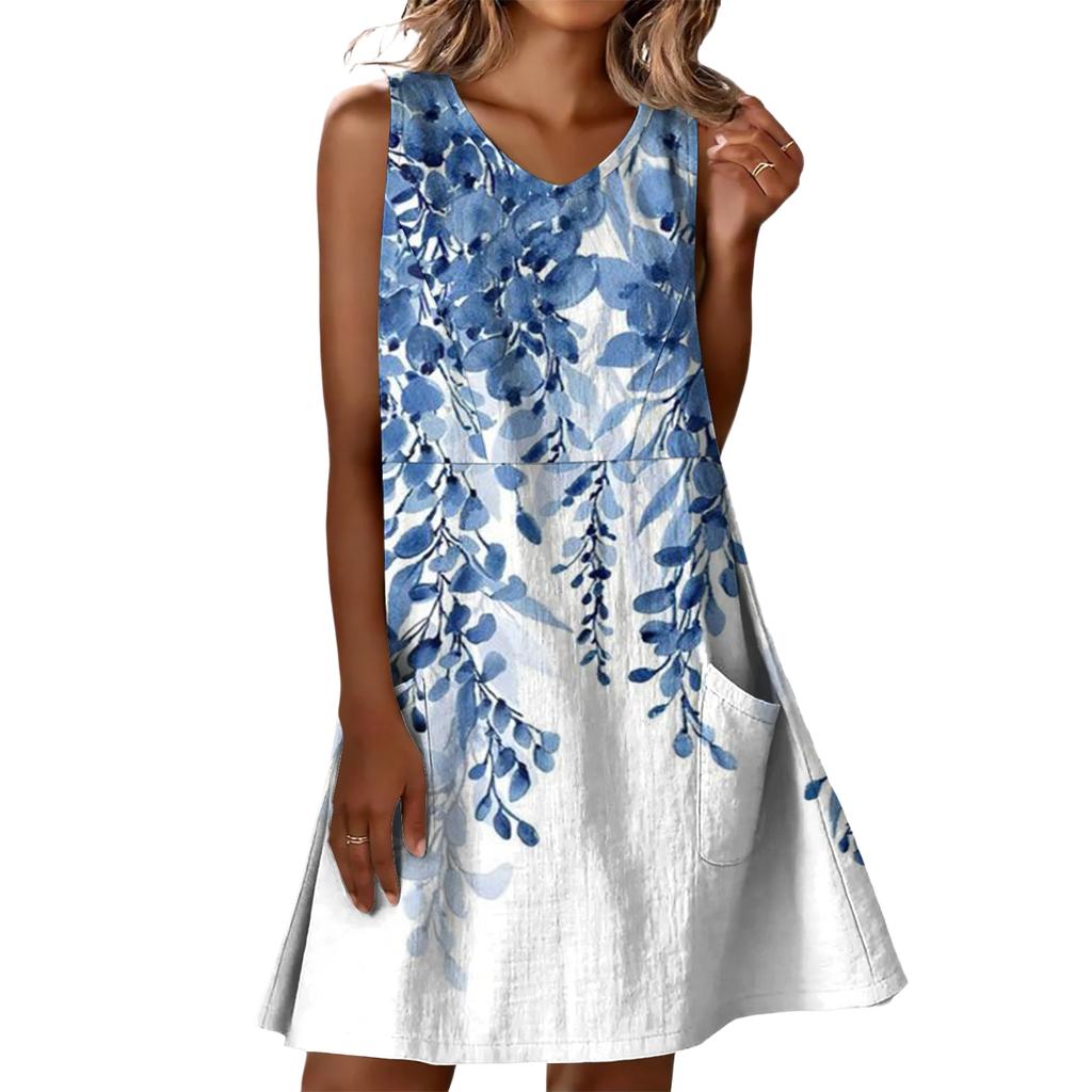 Summer Dresses For Women Loose Beach Vacation Casual Sleeveless V-neck  Sundresses With Pockets Tank Dress