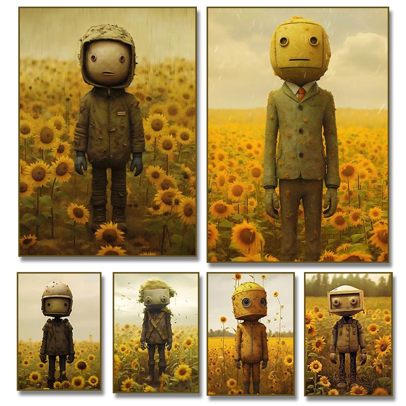 Vintage Lonely Boy Bot Toy Sunflowers Posters Wall Art Canvas Painting Nordic Poster Print Wall  for Kidsroom Nursery Decor