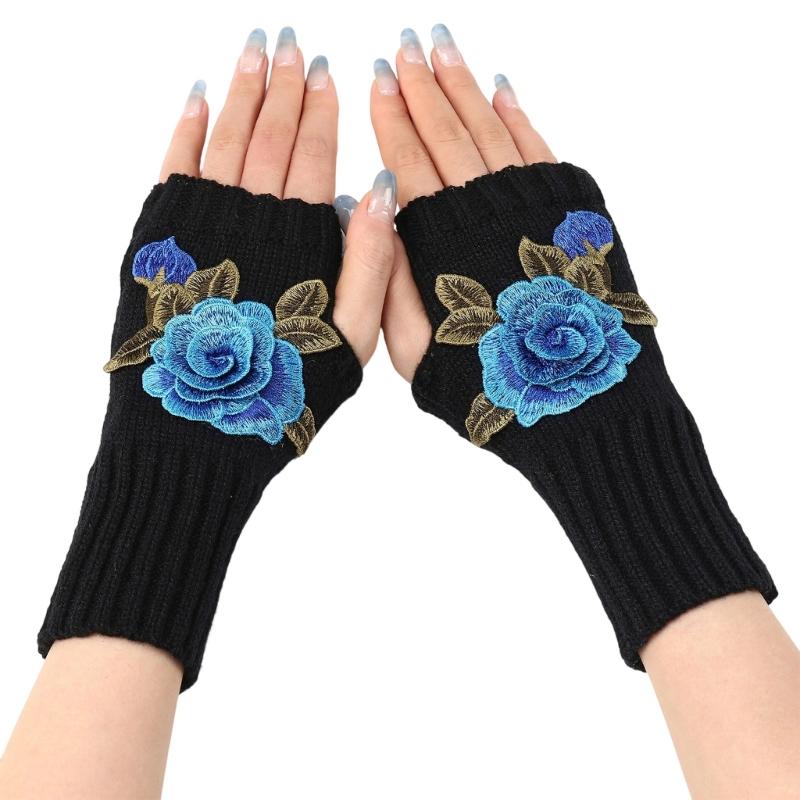 

Floral Embroidered Arm Warmer Oversleeve Half Finger Gloves For Winter Cycling Office Use