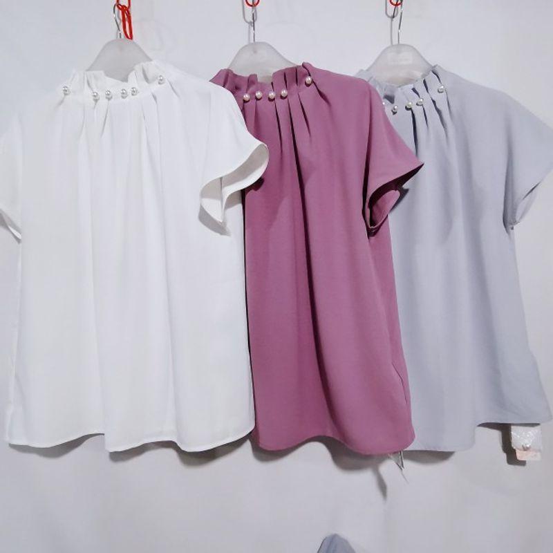 Export Japanese Original Single Cut Label Pearl Buckle Stand Collar Pullover Chiffon Long Sleeves Shirt Women's Professional Commute Shirt Base