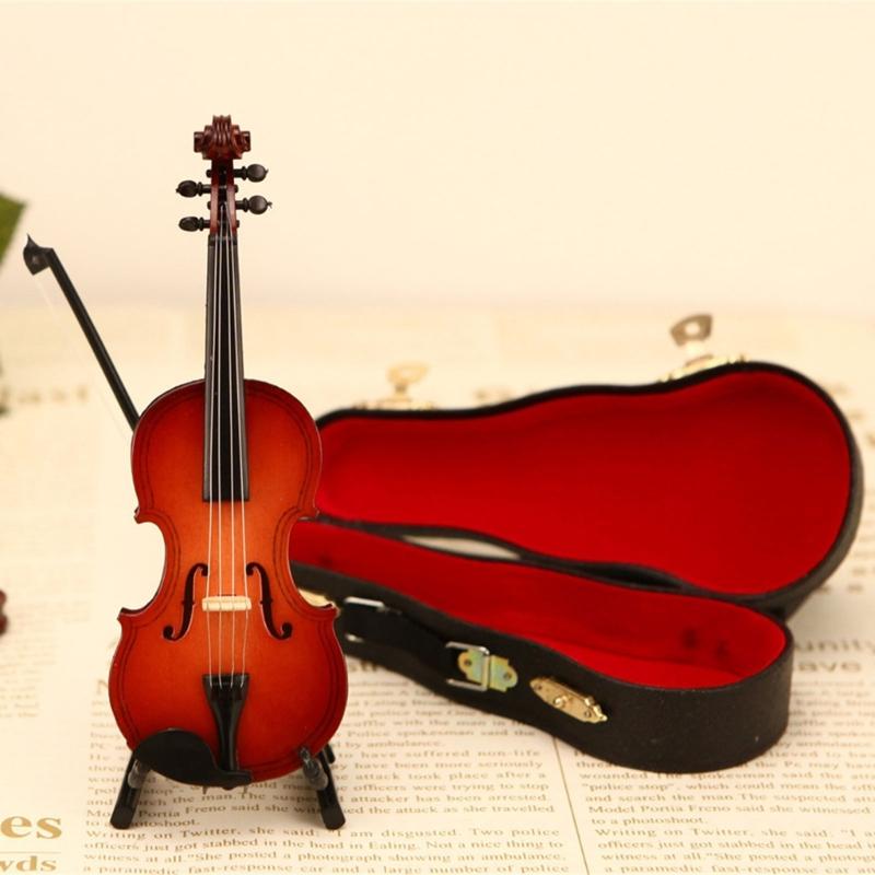 Mini Violin Model Set Wooden Miniature Violin with Stand,Case for Dollhouses Accessory Home Decoration Display Ornament