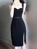 French Evening Dress New High-end Split Suspender Dress Black Hepburn Sexy Little Black Dress KTV