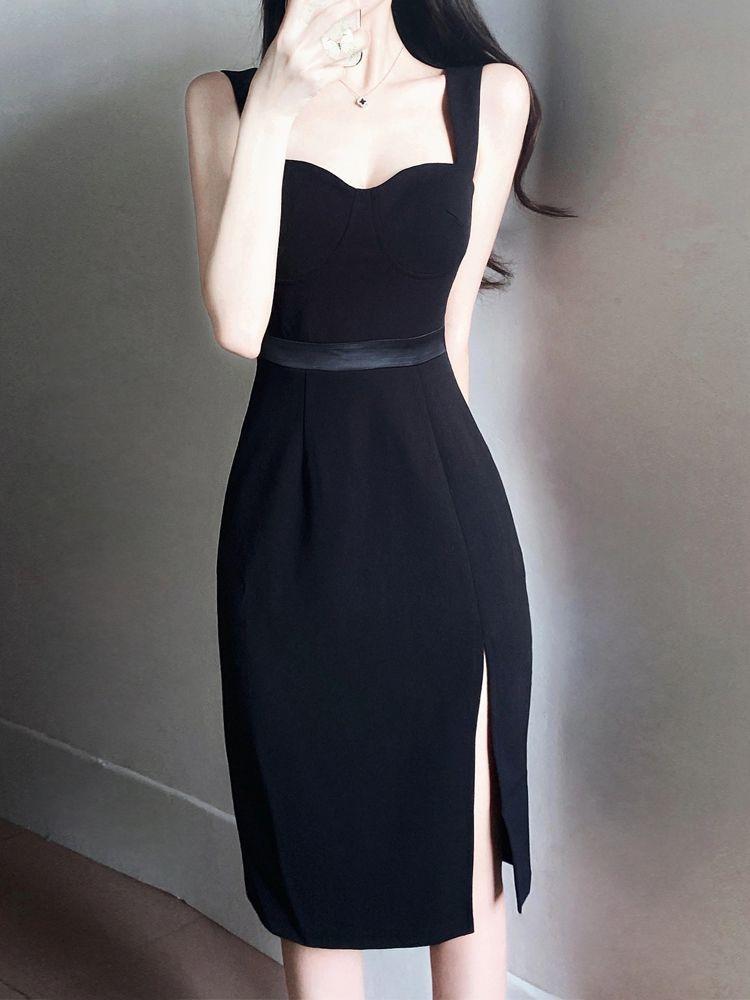 French Evening Dress New High-end Split Suspender Dress Black Hepburn Sexy Little Black Dress KTV