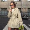 Women's Stand Collar Mid Length Trench Coat Drawstring Waist Solid Color 100 Cotton Windbreaker Jacket