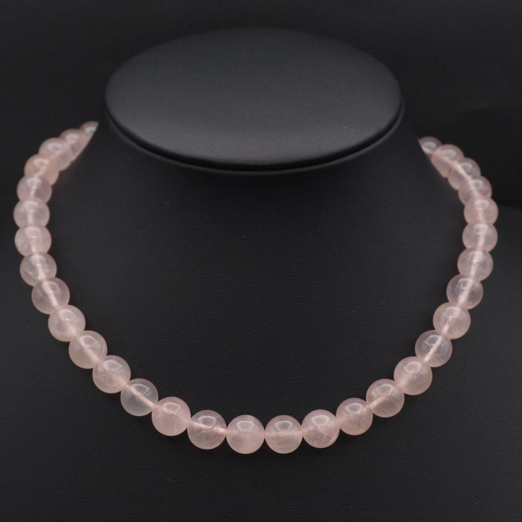 Used X610 Rose Quartz 10mm Bead GSILVER Engraved Necklace Design Silver Color