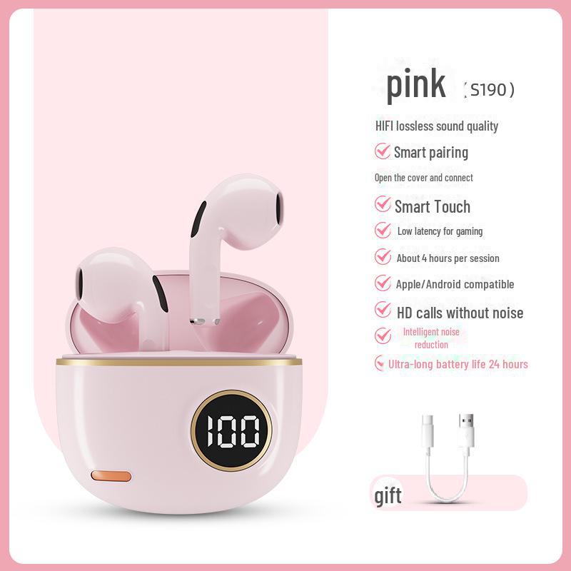 

Бездротова TWS Bluetooth-гарнітура S190: Міні-цифровий дисплей, висока потужність, шумозаглушення, універсальні спортивні навушники рожевий