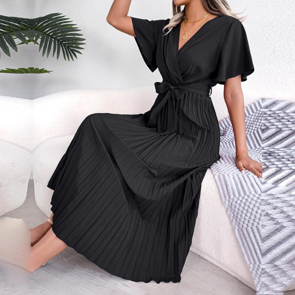 Frauen Frühling Sommer Temperament Kreuz V-ausschnitt Kurzarm Einfarbig Plissee Maxi Lange Kleid S-XL