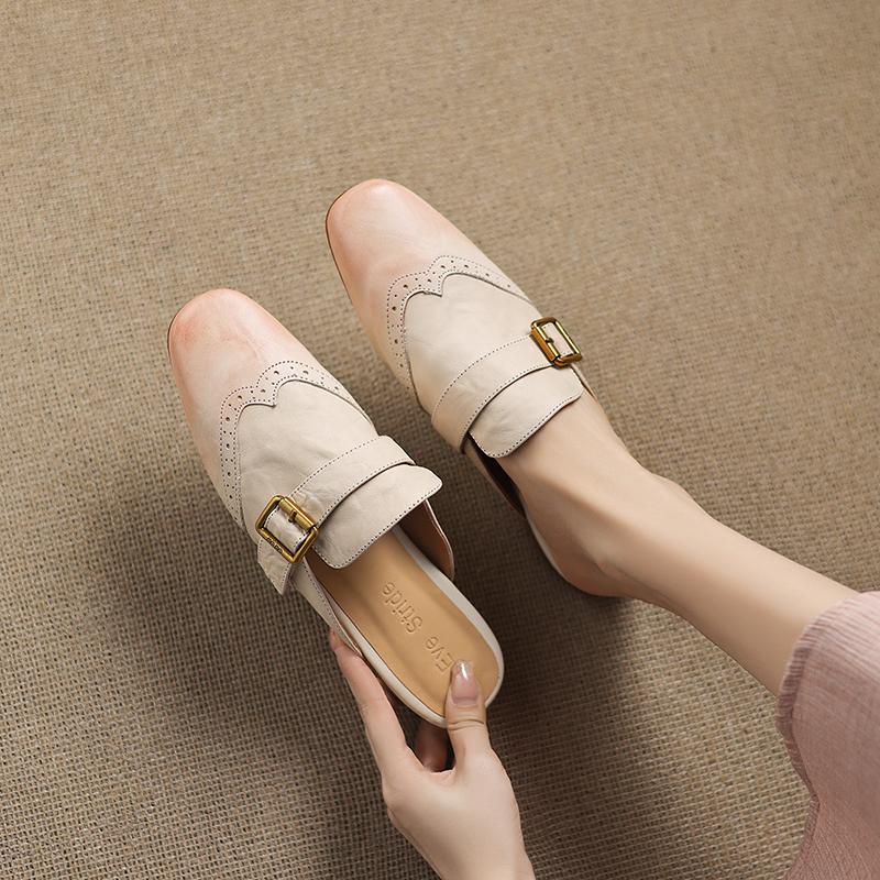 Fashion 2025 New Genuine Leather Mueller Slippers Woman Round Toe Slip-on Casual Shoes Spring Summer Shoes Outdoors Walk Shoes Woman