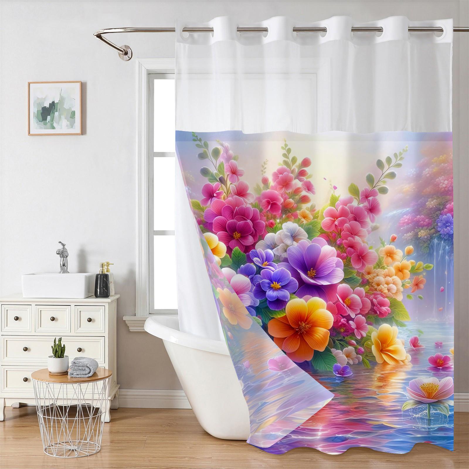 

No Hook Floral Pattern Shower Curtain With Snap-In Fabric Liner, Sheer Top Window, Waterproof Double Layer Bathtub Curtain W60H190(CM)-1 Pcs