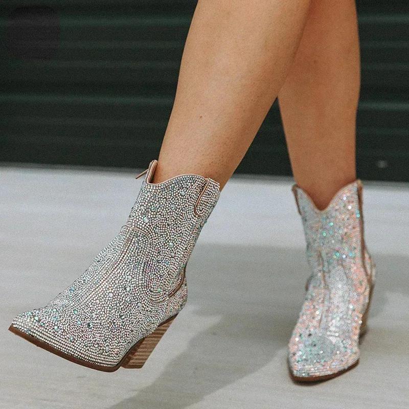 Western Cowboy Boots Fashion Women Ankle Boots Glitter Bling Shiny Trend High Heels High Quality Sexy Shoes Botas De Mujer