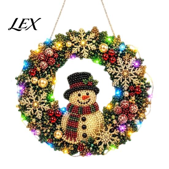 Handmade Christmas Decoration DIY Acrylic Faux Pearl Art Hanging Kit, Lighted Wreath 3D Beaded Craft Festive Mantelpiece Ornament Kit with LED String