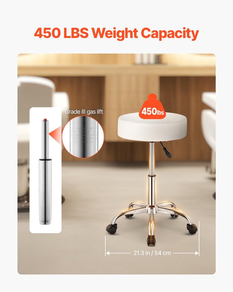 VEVOR Rolling Stool with Wheels, 450 LBS Weight Capacity Round Rolling Stool Chair, Height Adjustable Thickened PU Leather Swivel Stool for Salon
