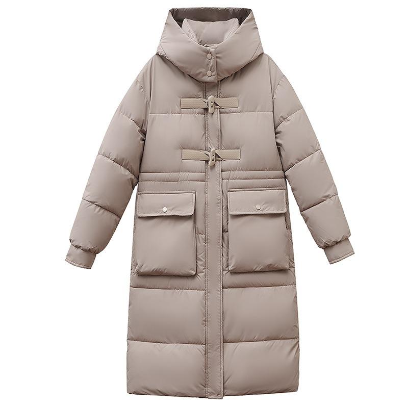 Large size hooded waist cotton-padded clothes for women's medium and long slim-fit warm down cotton clothes horn buckle jacket