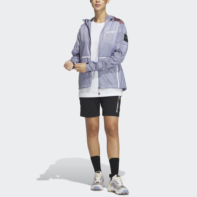 Adidas X National Geographic Wind.Rdy Patrón Estampado Bloque de Color Outdoor Cortavientos Deportivo con Capucha Protección Solar Chaqueta Mujer HY4693